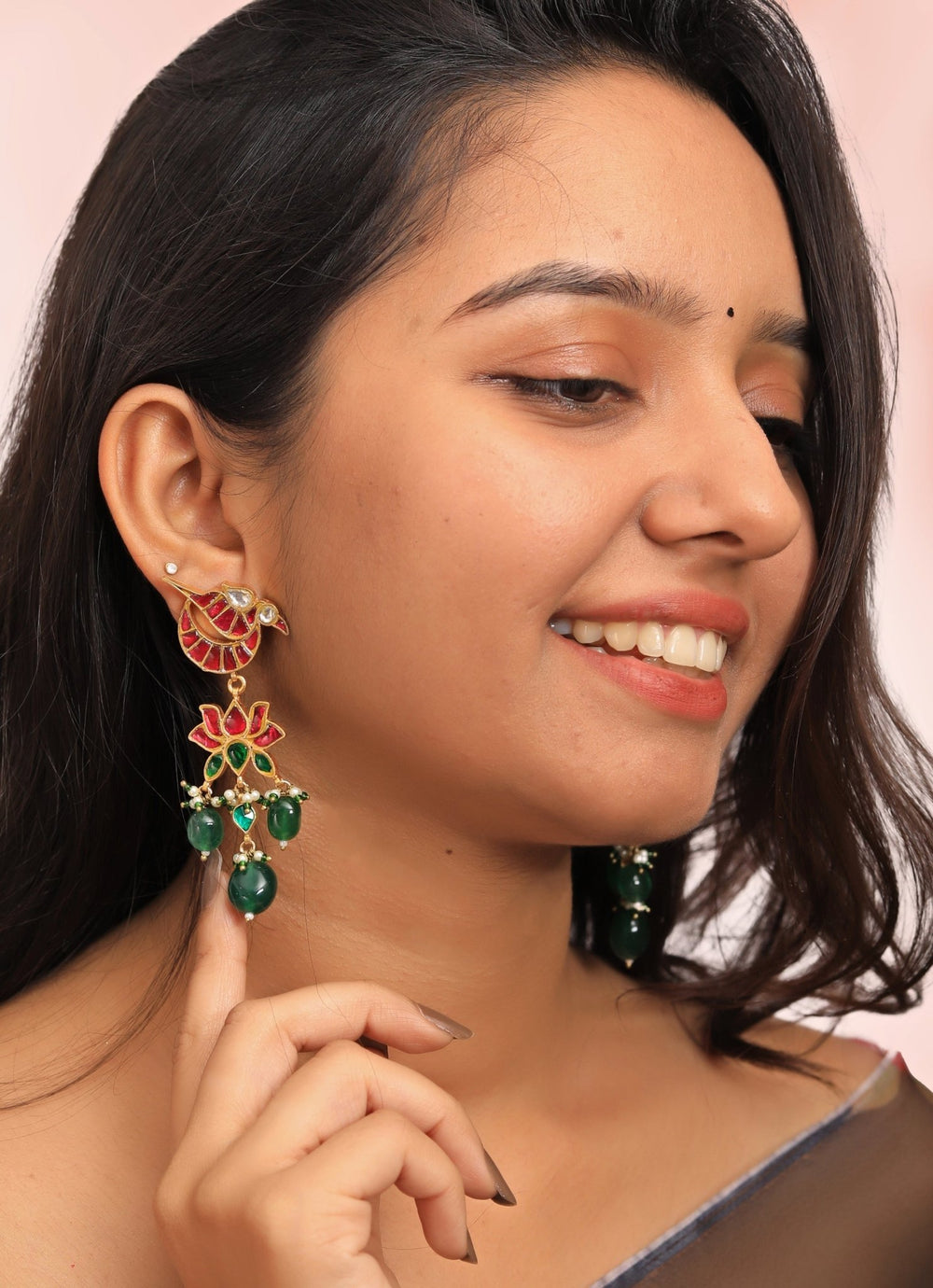 Red and Green Gold Plated Peacock Earrings Riana by Shikha Jindal - Fabilicious Fashion