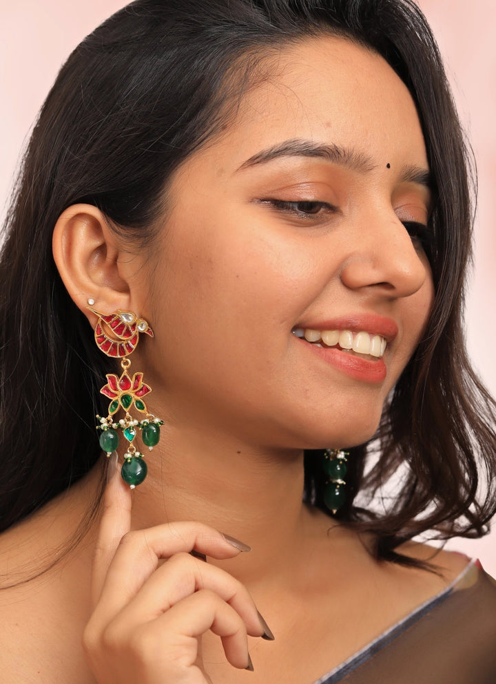 Red and Green Gold Plated Peacock Earrings Riana by Shikha Jindal - Fabilicious Fashion