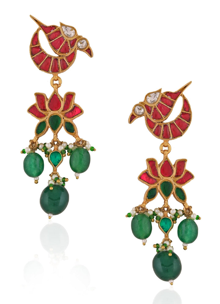 Red and Green Gold Plated Peacock Earrings Riana by Shikha Jindal - Fabilicious Fashion