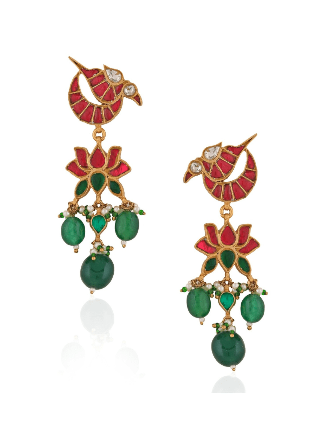 Red and Green Gold Plated Peacock Earrings Riana by Shikha Jindal - Fabilicious Fashion