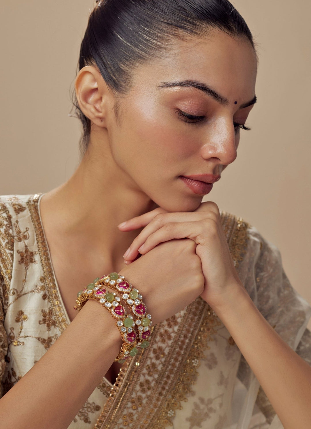 Red And Green Kundan Polki Gold Plated Bangles Vivinia by Vidhi Mehra - Fabilicious Fashion