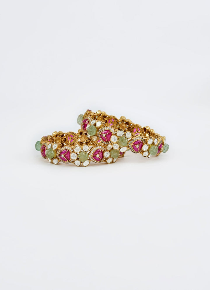 Red And Green Kundan Polki Gold Plated Bangles Vivinia by Vidhi Mehra - Fabilicious Fashion