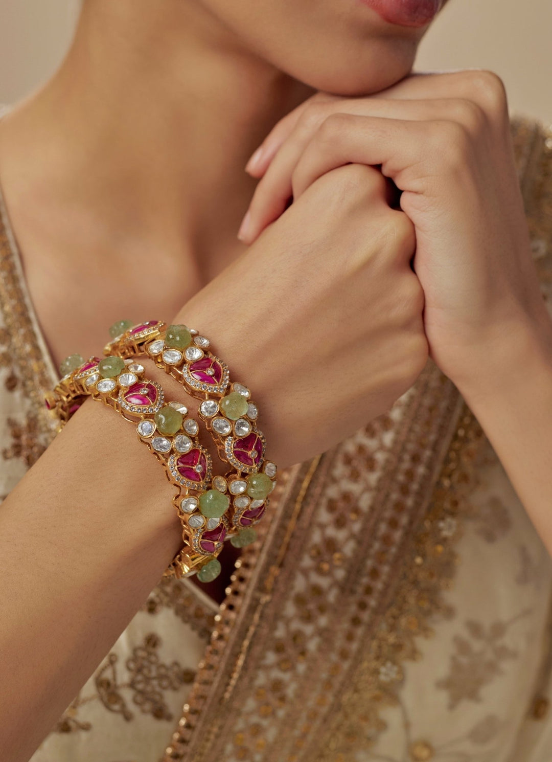 Red And Green Kundan Polki Gold Plated Bangles Vivinia by Vidhi Mehra - Fabilicious Fashion