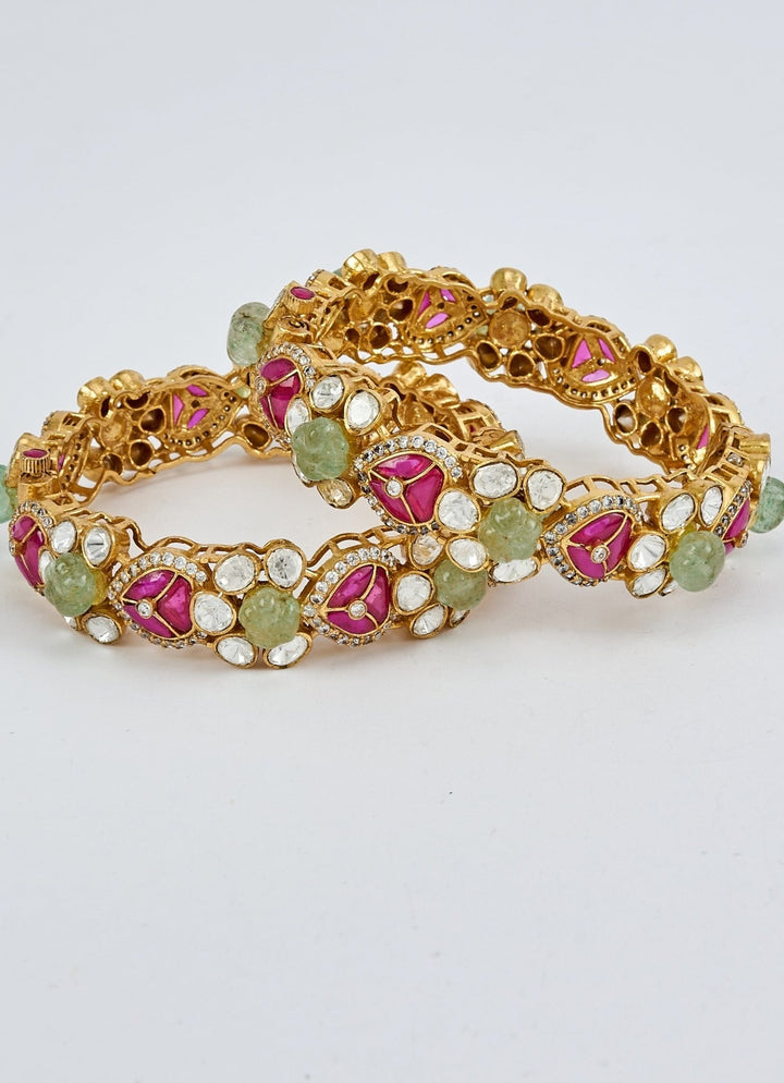 Red And Green Kundan Polki Gold Plated Bangles Vivinia by Vidhi Mehra - Fabilicious Fashion