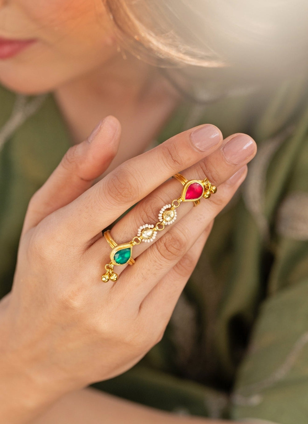 Do Taara Red And Green Kundan RingFabilicious Fashion