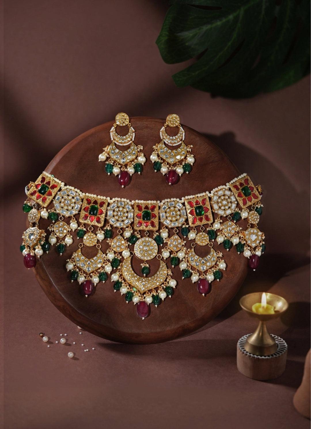 Red And Green Matte Gold Necklace Set Riana Jewellery - Fabilicious Fashion