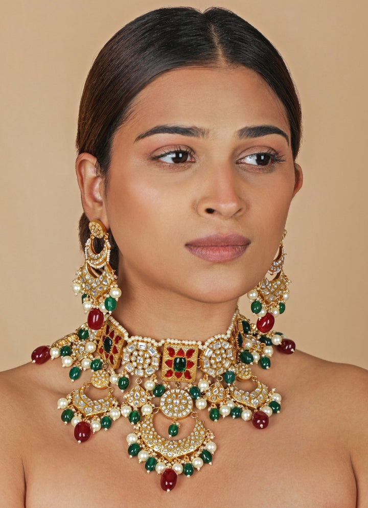 Red And Green Matte Gold Necklace Set Riana Jewellery - Fabilicious Fashion