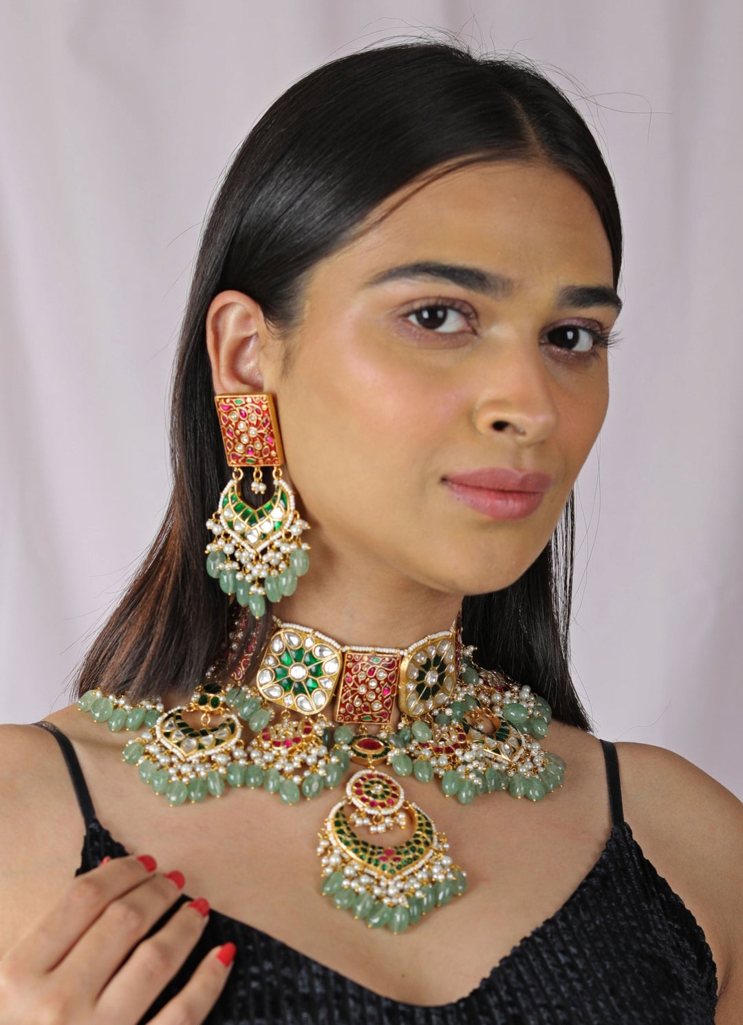Red and Green Meenakari Bridal Choker set Riana by Shikha Jindal - Fabilicious Fashion