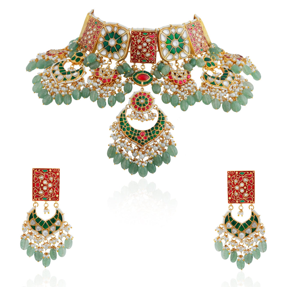 Red and Green Meenakari Bridal Choker set Riana by Shikha Jindal - Fabilicious Fashion