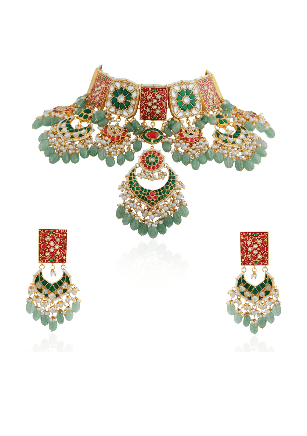 Red And Green Meenakari Bridal Choker Set Riana Jewellery - Fabilicious Fashion
