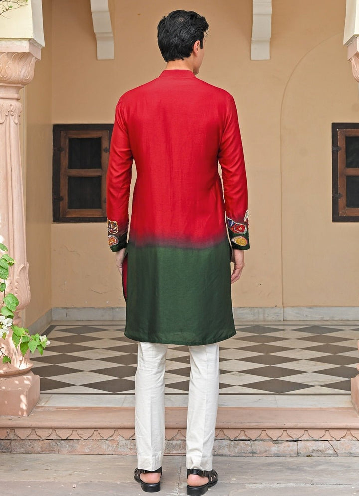 Juhi Bengani - Men Red and Green Shaded Silk Kurta Pants SetFabilicious Fashion