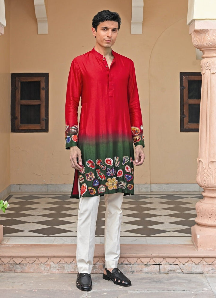 Juhi Bengani - Men Red and Green Shaded Silk Kurta Pants SetFabilicious Fashion