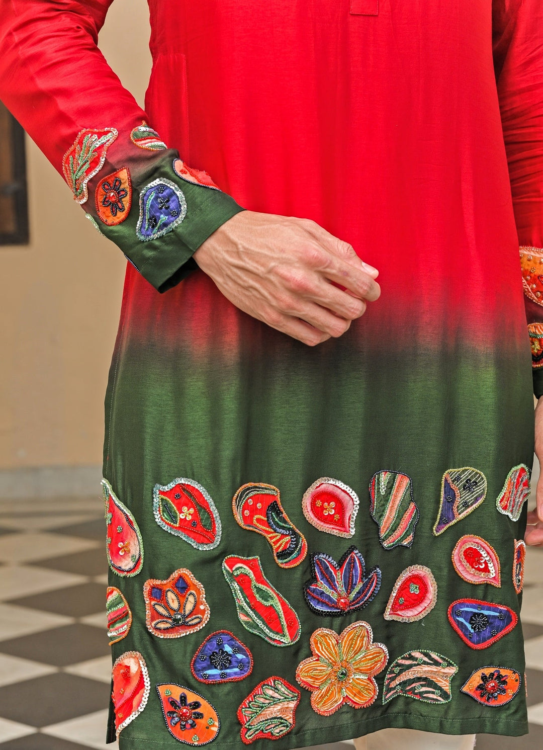 Juhi Bengani - Men Red and Green Shaded Silk KurtaFabilicious Fashion