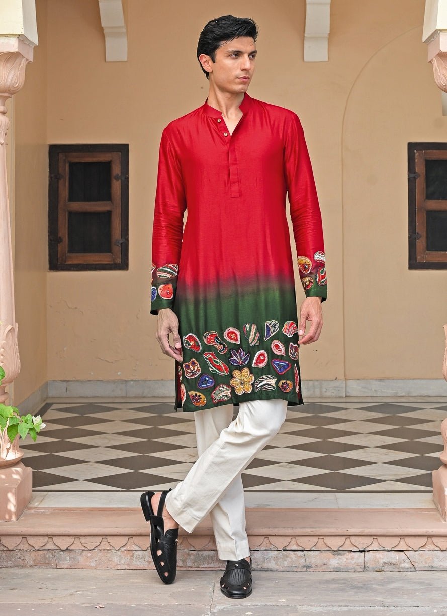 Juhi Bengani - Men Red and Green Shaded Silk KurtaFabilicious Fashion