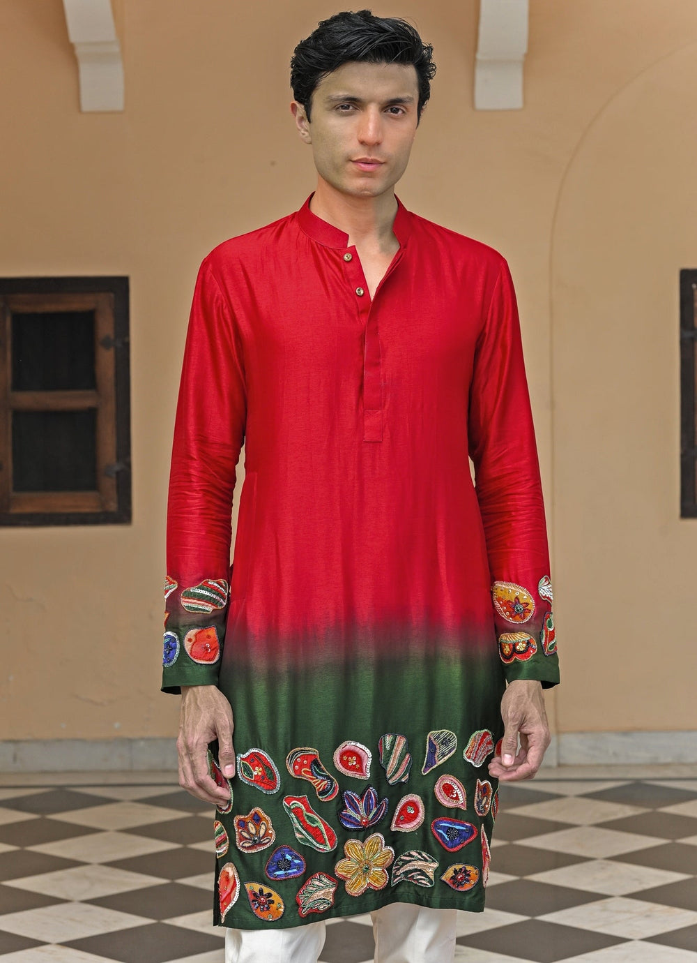 Juhi Bengani - Men Red and Green Shaded Silk KurtaFabilicious Fashion
