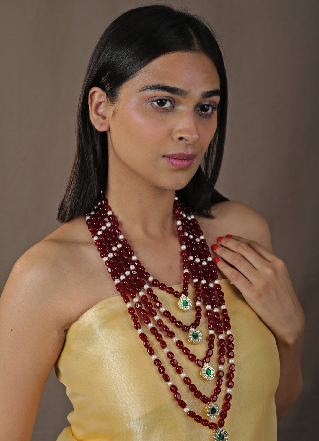 Red and Green Stone Five - layer Necklace Riana by Shikha Jindal - Fabilicious Fashion