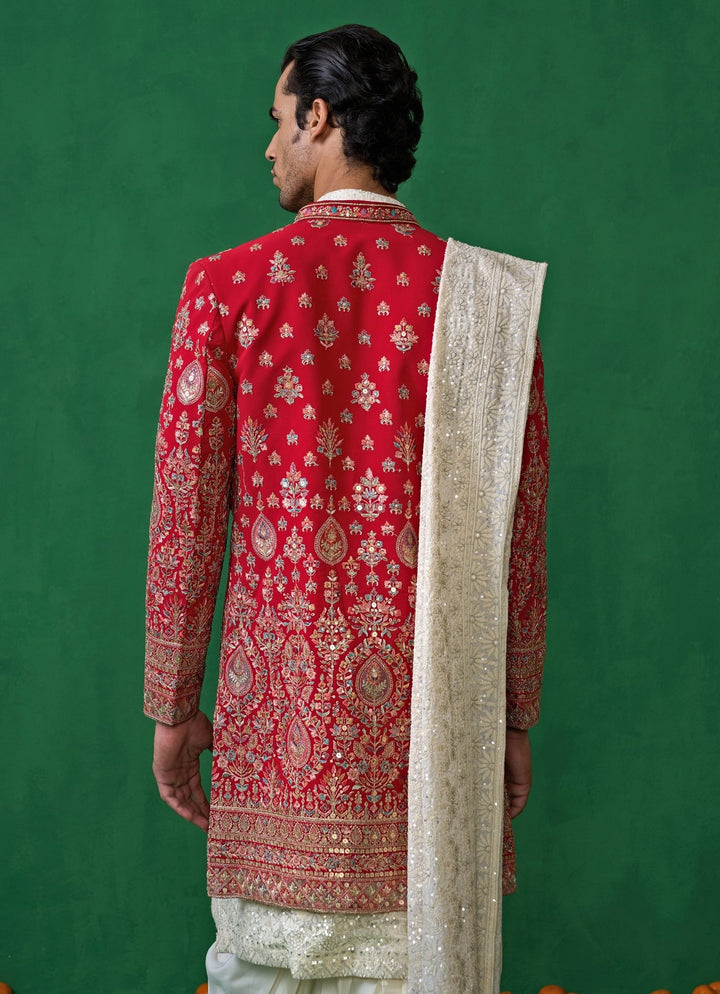 Red And Ivory Embroidered Georgette Sherwani Set Kalpraag - Fabilicious Fashion