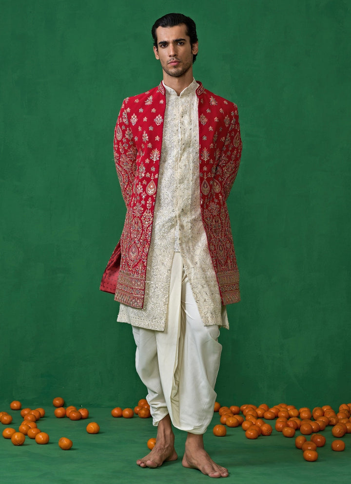 Red And Ivory Embroidered Georgette Sherwani Set Kalpraag - Fabilicious Fashion