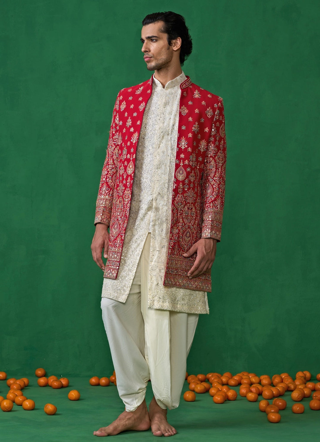 Red And Ivory Embroidered Georgette Sherwani Set Kalpraag - Fabilicious Fashion