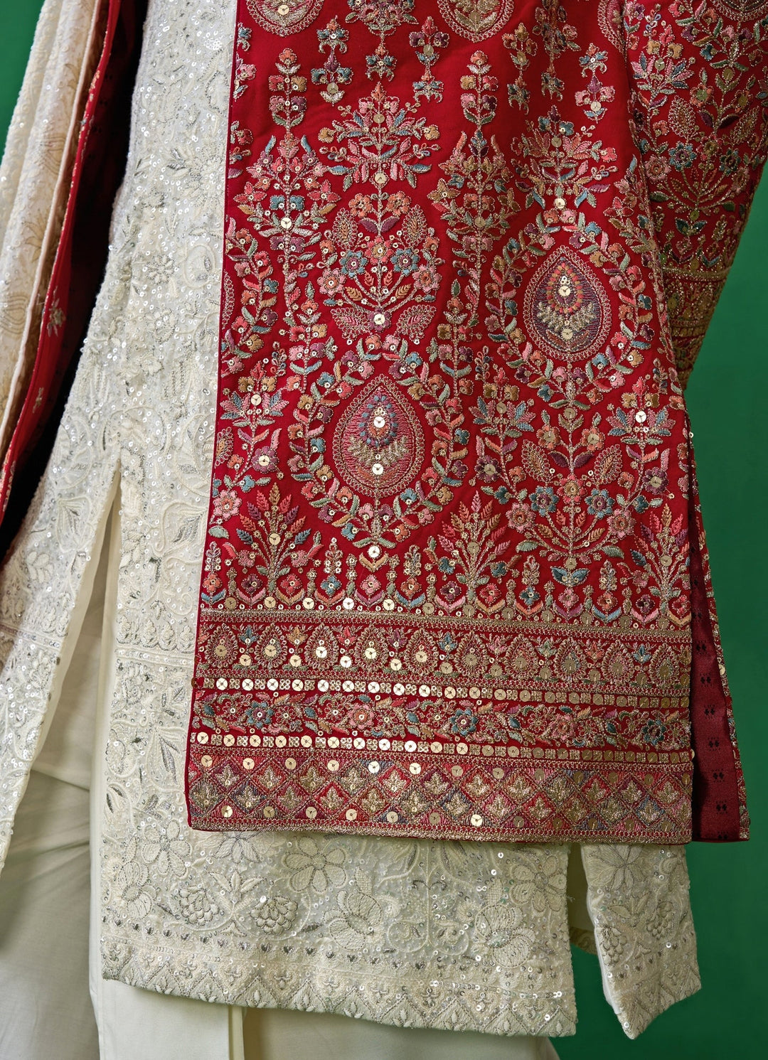 Red And Ivory Embroidered Georgette Sherwani Set Kalpraag - Fabilicious Fashion