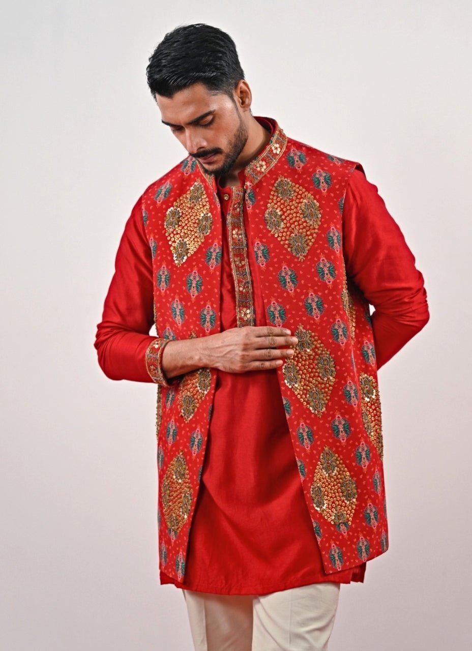 Red and Ivory Printed Crepe Half Jacket Set Juhi Bengani - Men - Fabilicious Fashion
