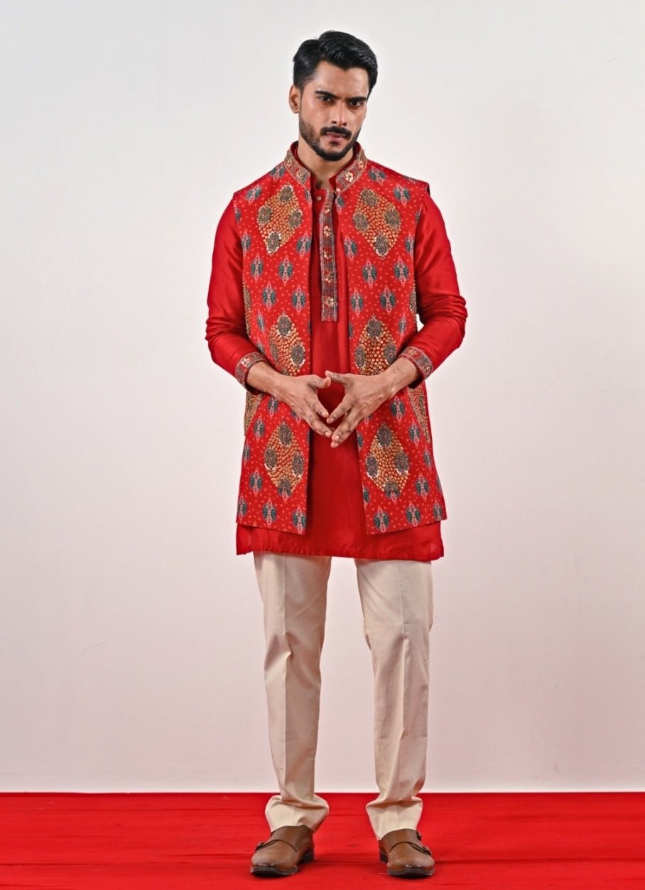 Red and Ivory Printed Crepe Half Jacket Set Juhi Bengani - Men - Fabilicious Fashion