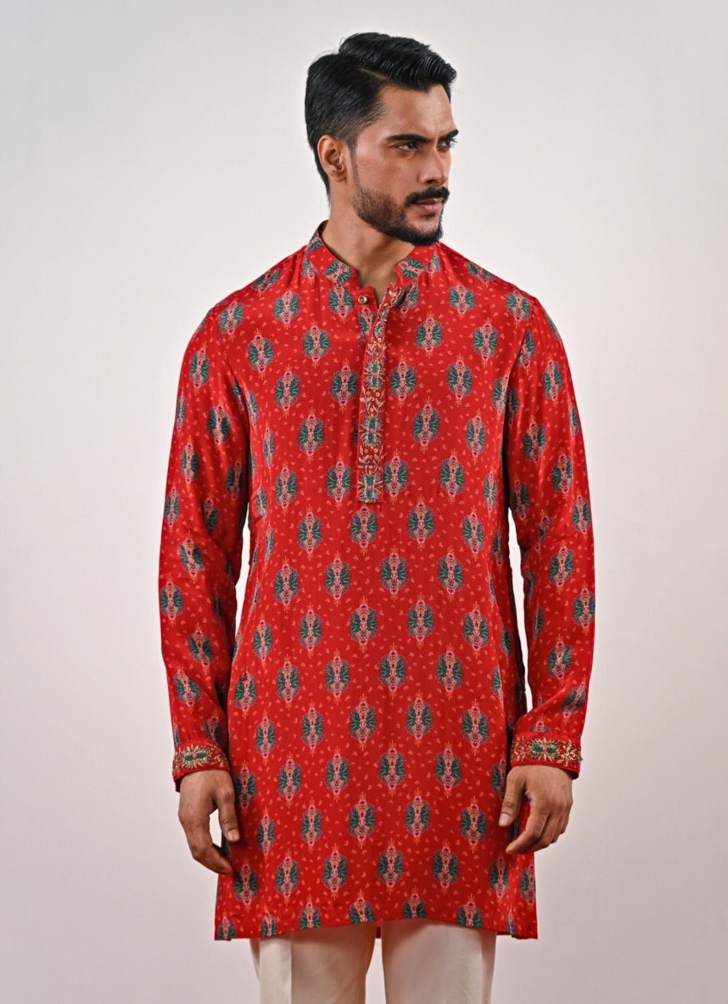 Red and Ivory Printed Crepe Kurta Set Juhi Bengani - Men - Fabilicious Fashion