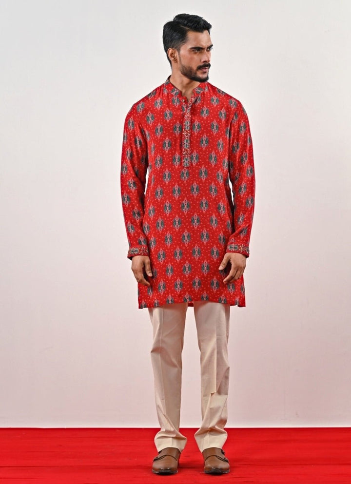 Red and Ivory Printed Crepe Kurta Set Juhi Bengani - Men - Fabilicious Fashion