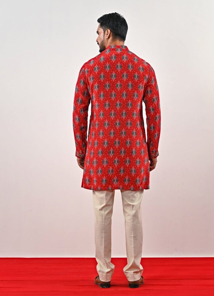 Red and Ivory Printed Crepe Kurta Set Juhi Bengani - Men - Fabilicious Fashion