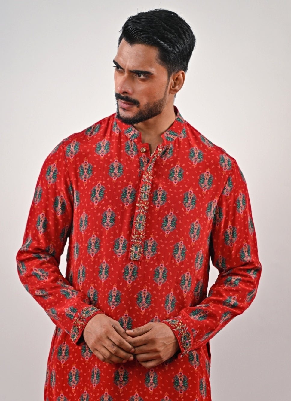 Red and Ivory Printed Crepe Kurta Set Juhi Bengani - Men - Fabilicious Fashion
