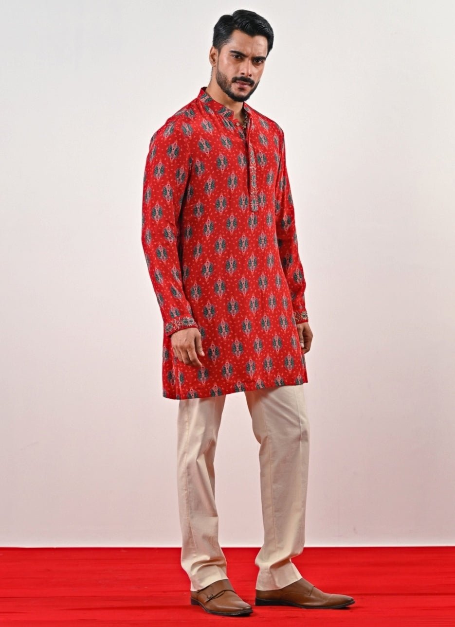 Red and Ivory Printed Crepe Kurta Set Juhi Bengani - Men - Fabilicious Fashion