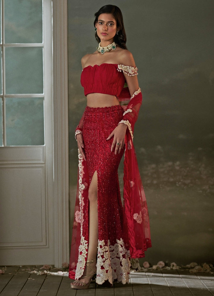 Red And Ivory Satin Skirt Set With Pleated Top Nitika Gujral - Fabilicious Fashion