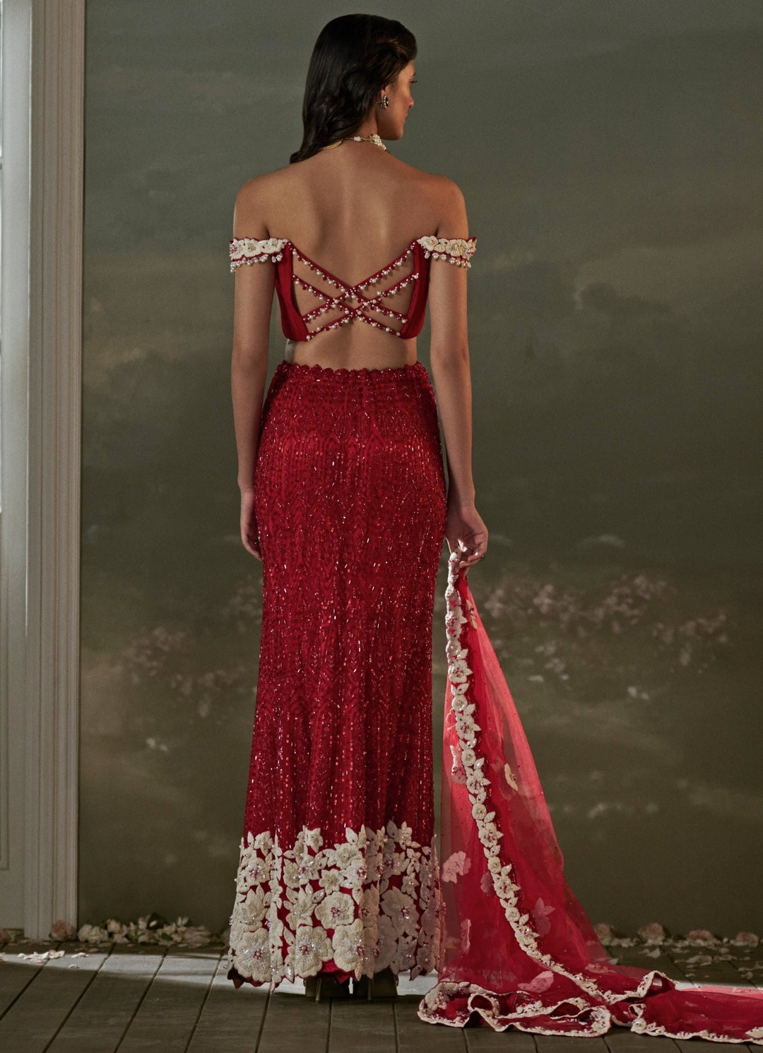 Red And Ivory Satin Skirt Set With Pleated Top Nitika Gujral - Fabilicious Fashion