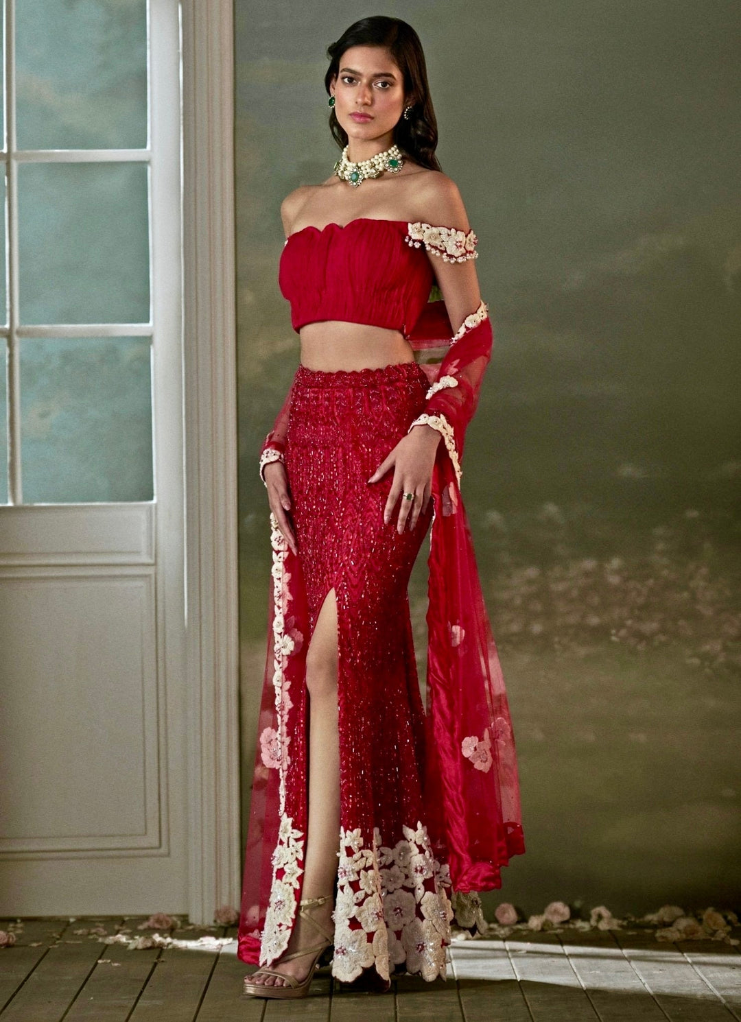 Red And Ivory Satin Skirt Set With Pleated Top Nitika Gujral - Fabilicious Fashion
