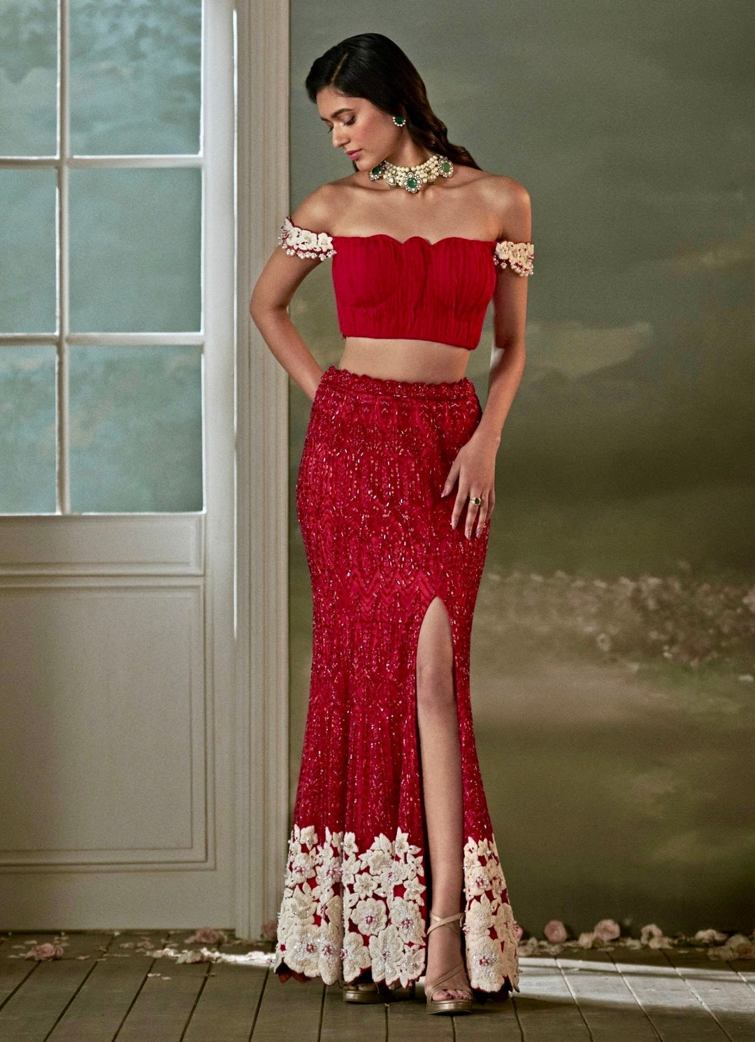 Red And Ivory Satin Skirt Set With Pleated Top Nitika Gujral - Fabilicious Fashion
