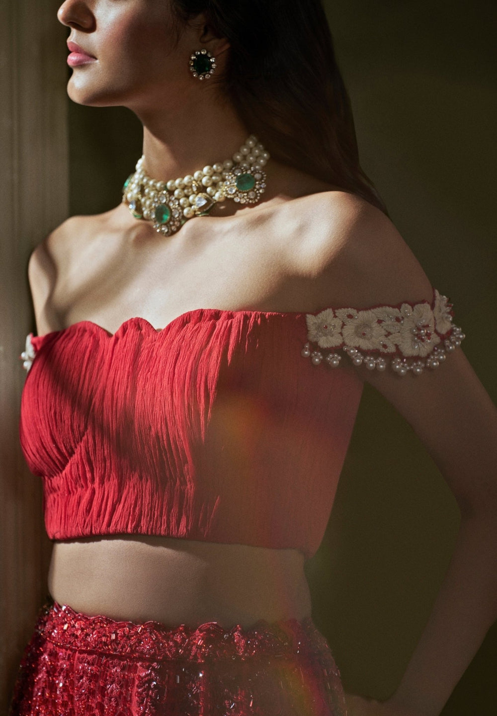 Red And Ivory Satin Skirt Set With Pleated Top Nitika Gujral - Fabilicious Fashion