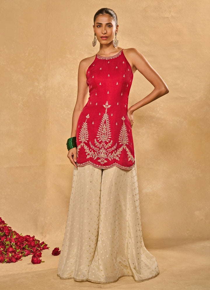 Red And Ivory Silk Kurta Pants Set With Orange Dupatta Chamee and Palak - Fabilicious Fashion