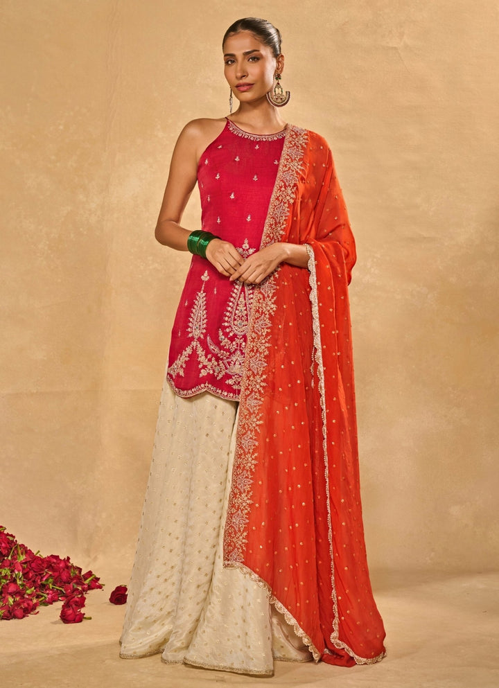 Red And Ivory Silk Kurta Pants Set With Orange Dupatta Chamee and Palak - Fabilicious Fashion