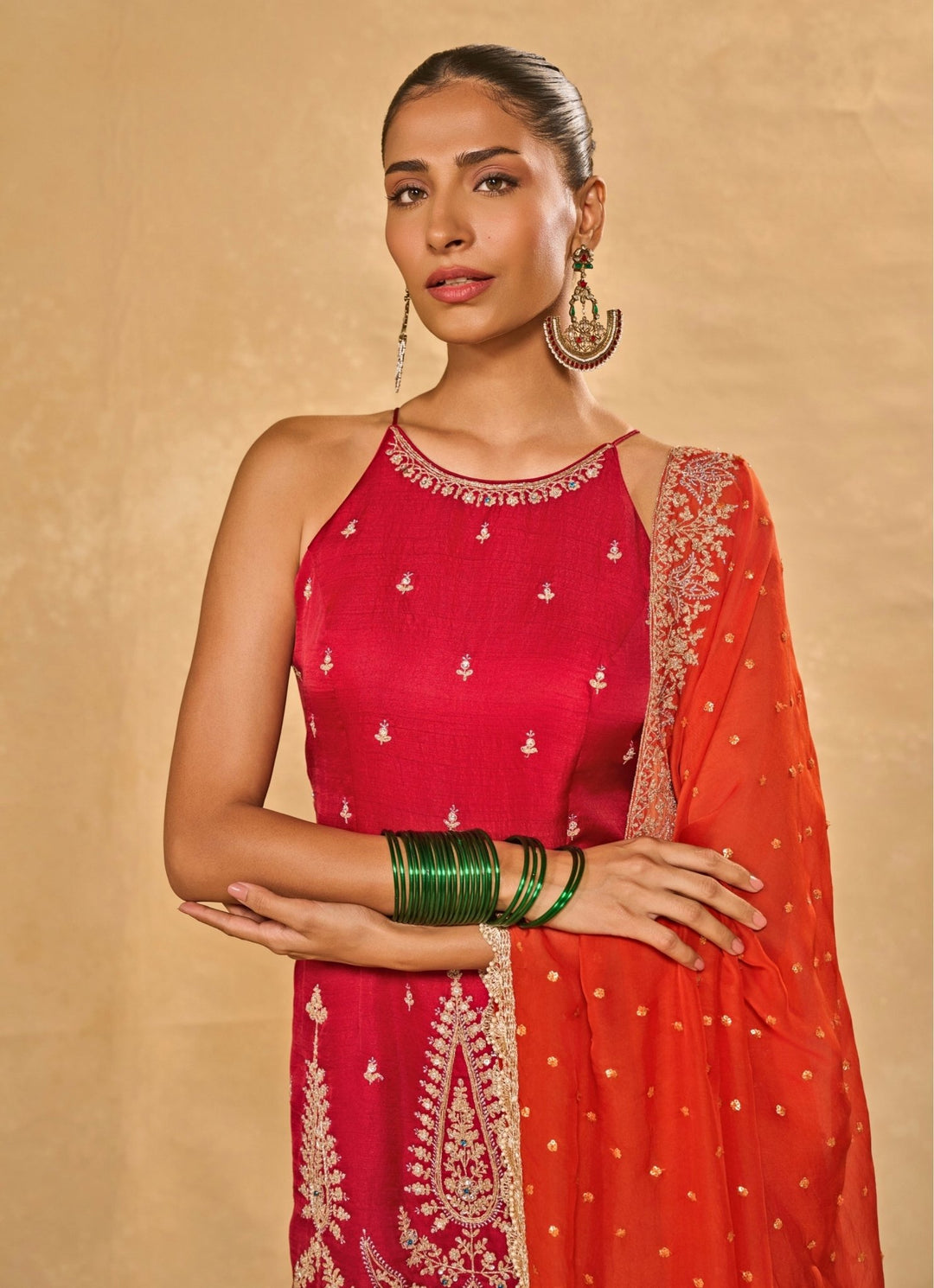 Red And Ivory Silk Kurta Pants Set With Orange Dupatta Chamee and Palak - Fabilicious Fashion