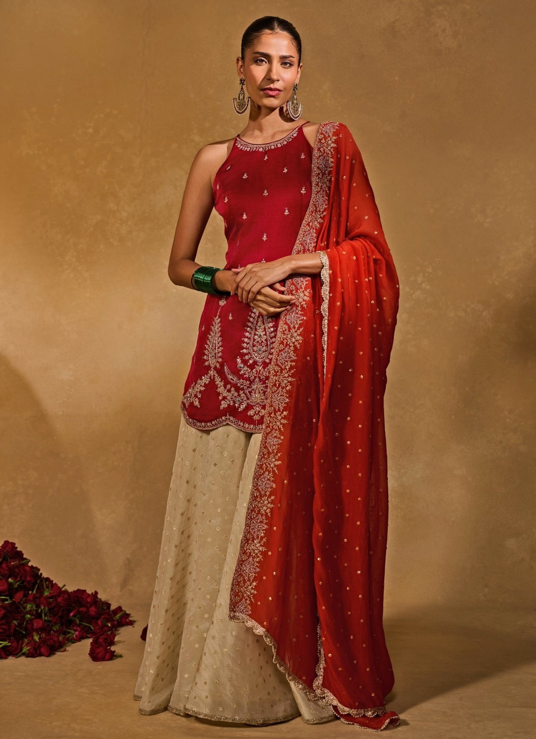 Red And Ivory Silk Kurta Pants Set With Orange Dupatta Chamee and Palak - Fabilicious Fashion