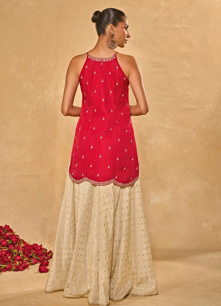 Red And Ivory Silk Kurta Pants Set With Orange Dupatta Chamee and Palak - Fabilicious Fashion