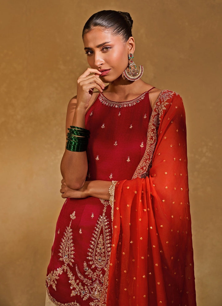 Red And Ivory Silk Kurta Pants Set With Orange Dupatta Chamee and Palak - Fabilicious Fashion