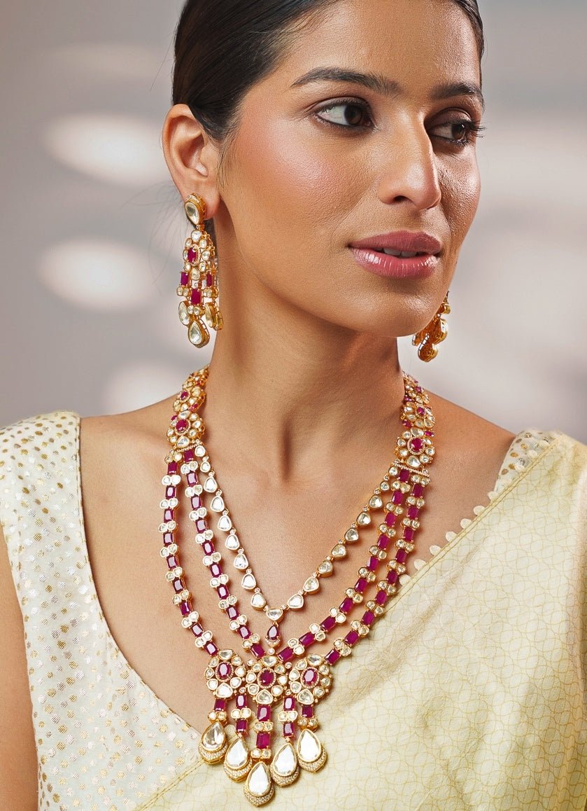 Red And Moissanite Stone Gold Long Necklace Set Zevar by Geeta - Fabilicious Fashion