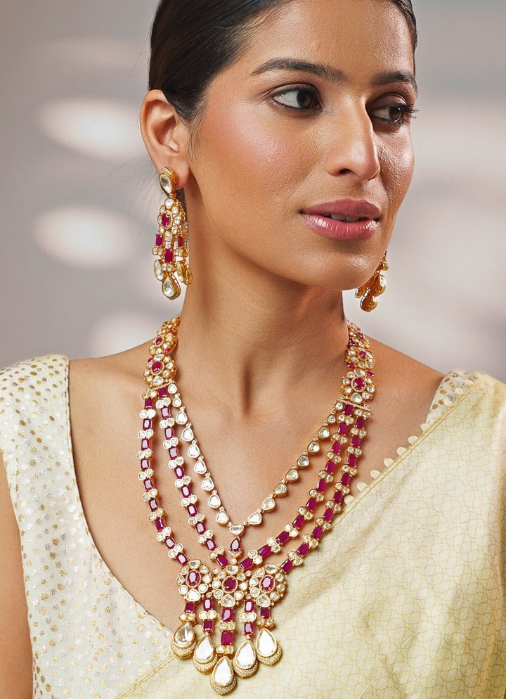 Red And Moissanite Stone Gold Long Necklace Set Zevar by Geeta - Fabilicious Fashion