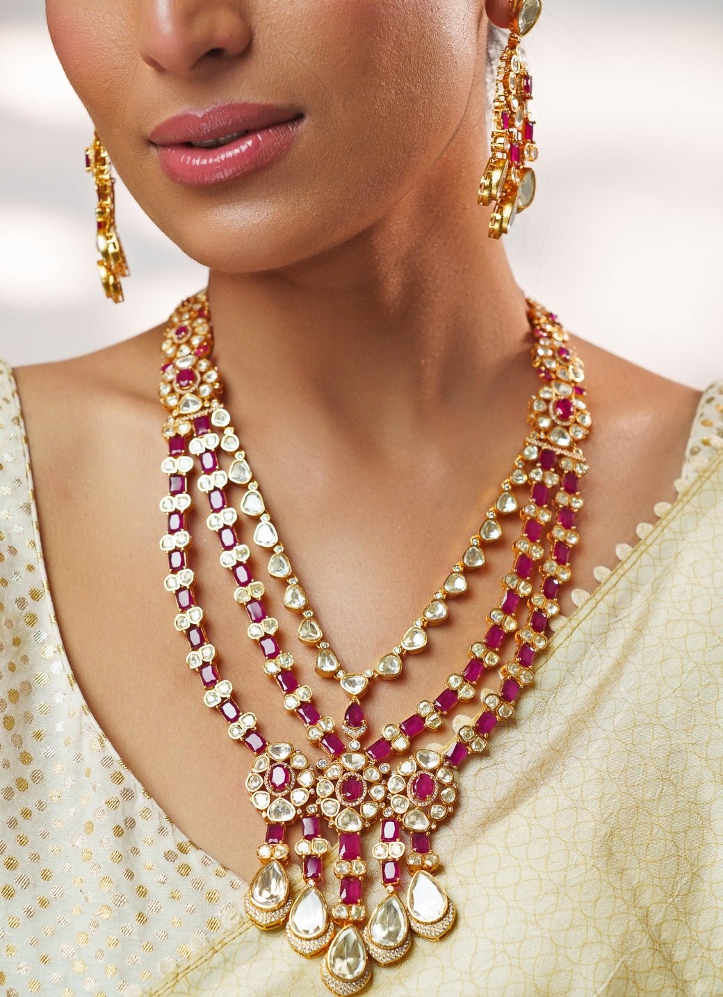 Red And Moissanite Stone Gold Long Necklace Set Zevar by Geeta - Fabilicious Fashion