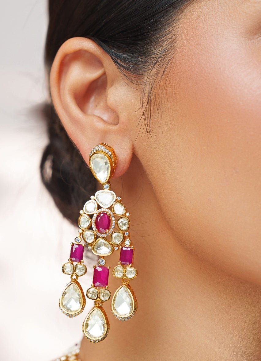 Red And Moissanite Stone Gold Long Necklace Set Zevar by Geeta - Fabilicious Fashion