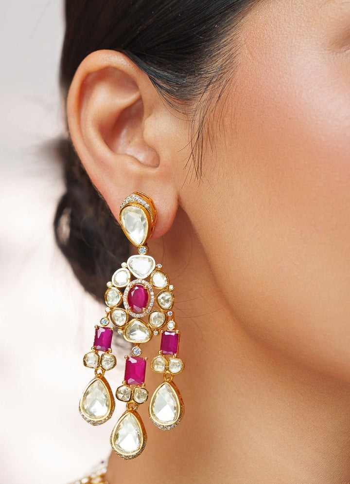 Red And Moissanite Stone Gold Long Necklace Set Zevar by Geeta - Fabilicious Fashion