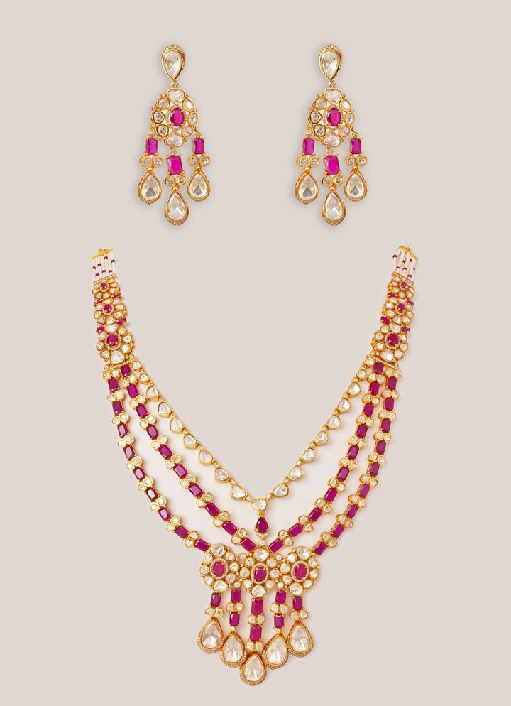 Red And Moissanite Stone Gold Long Necklace Set Zevar by Geeta - Fabilicious Fashion