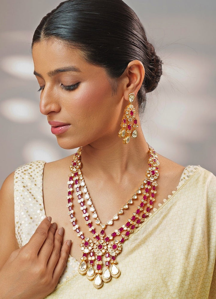 Red And Moissanite Stone Gold Long Necklace Set Zevar by Geeta - Fabilicious Fashion