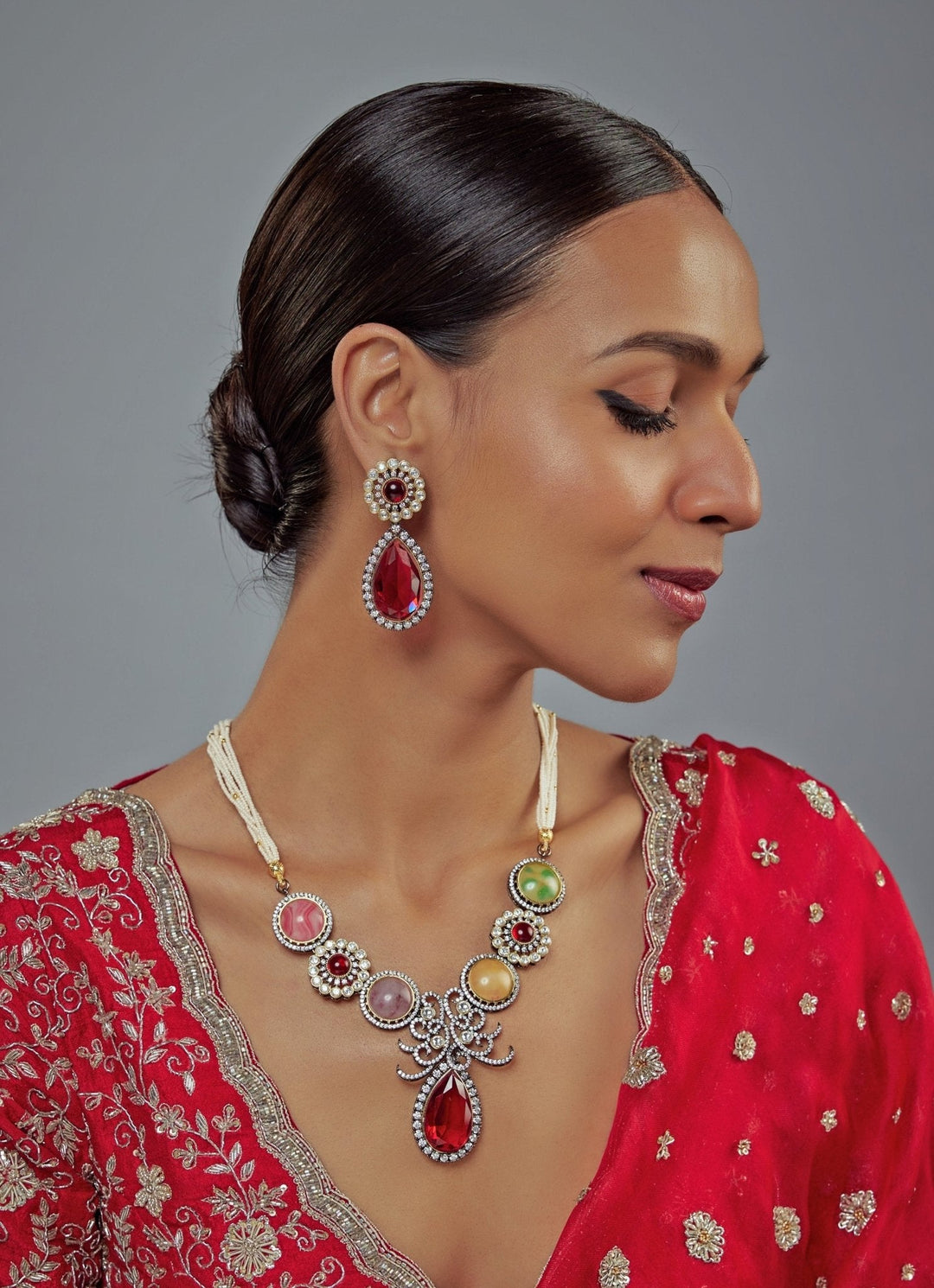 Red And Multi Beaded Polki Short Necklace Set Vivinia by Vidhi Mehra - Fabilicious Fashion